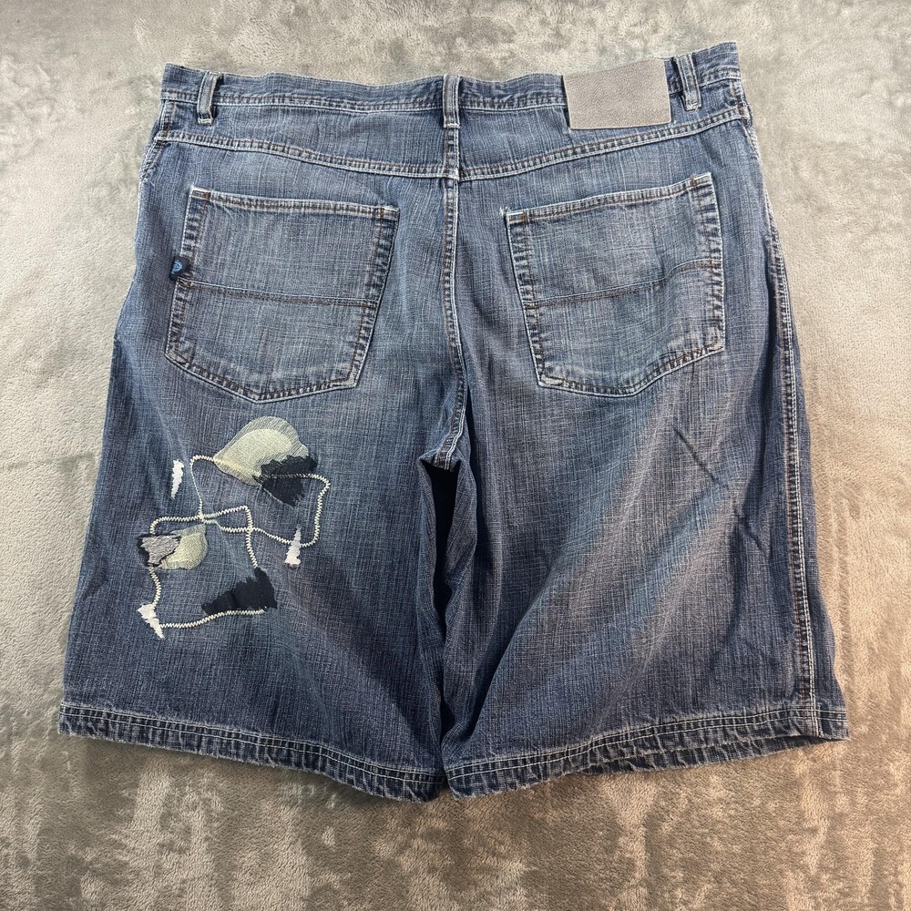 Y2K Focus Jeans Shorts Mens 42 Blue Denim Bermuda Med Distressed Embroidered